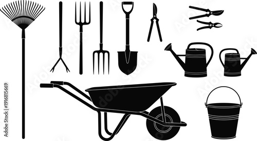Gardening tools silhouettes set, rake shovel fork watering can wheelbarrow bucket pruner vector icons isolated on white