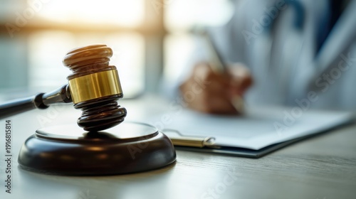 Wooden gavel on desk with a doctor writing on a clipboard in the background, symbolizing medical malpractice and legal healthcare regulations.
