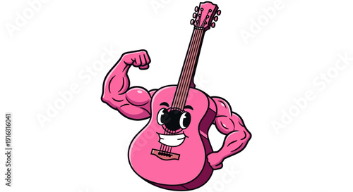 A cartoon guitar character with muscular arms flexing and smiling.