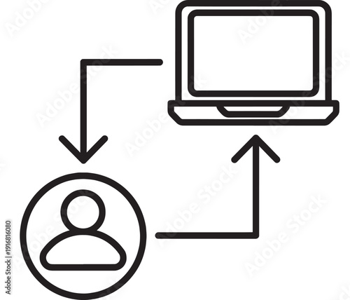 User profile and laptop transfer icon showing data exchange between person account and computer, cloud sync and upload download concept, simple outline vector