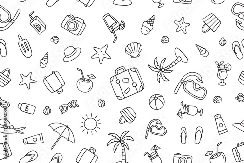 seamless doodle pattern with summer vacation elements, including beach accessories, travel icons, and tropical motifs. Perfect for travel-themed designs and seasonal projects.
