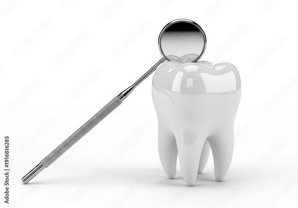Fototapeta premium Illustrative dental mirror rests against a large, clean molar against a white background.