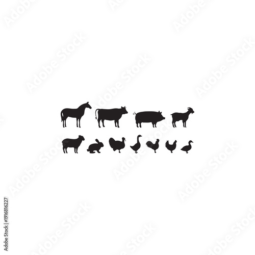 Farm animals including horses cow and calf illustrated in a simple black silhouette vector style on a white background