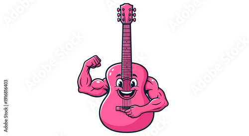 Strong cartoon guitar character flexing muscles with pride.