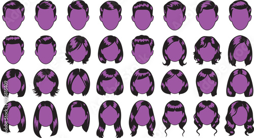 Large collection of various male and female black hairstyles and haircuts on pink faceless head shapes