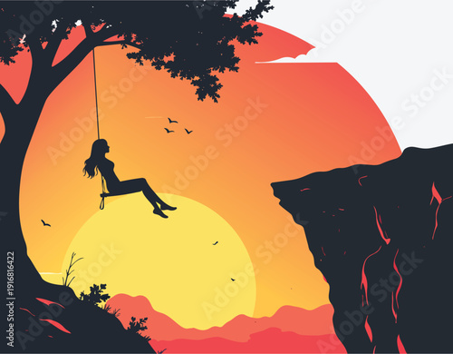 Silhouette of a climber on a mountain at sunset with bats and autumn landscape