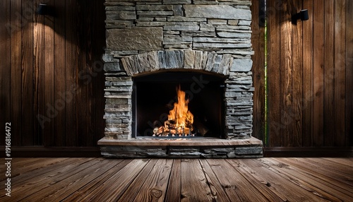 rustic stone fireplace in dark wood room interior design
