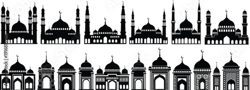 Islamic mosque silhouettes set, Arabic architecture domes and minarets vector illustration black religious building collection