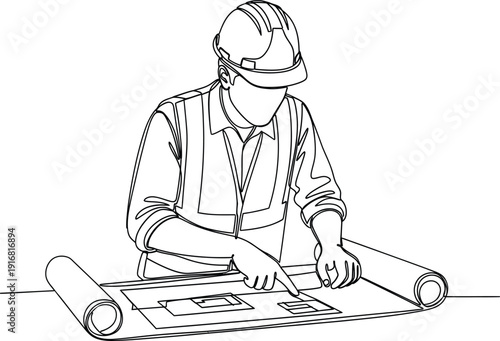 Continuous single line drawing of a construction professional reviewing blueprint plans, architecture and building concept vector illustration