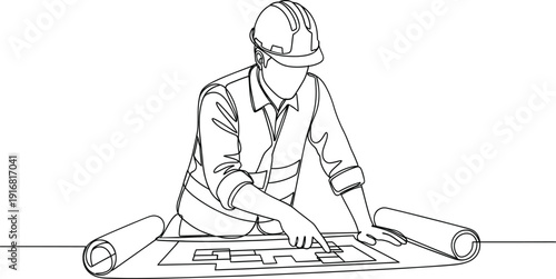 Continuous single line drawing of a construction professional reviewing blueprint plans, architecture and building concept vector illustration