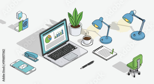 Isometric Home Office Workspace Illustration with Laptop, Coffee, Potted Plant, and Desk Supplies