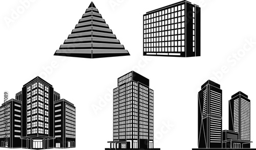 Modern city building silhouettes set, skyscraper office tower pyramid architecture vector collection isolated on white background illustration