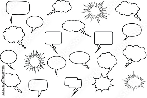 Illustration of collection of various comic speech bubbles and thought clouds on for creative design projects