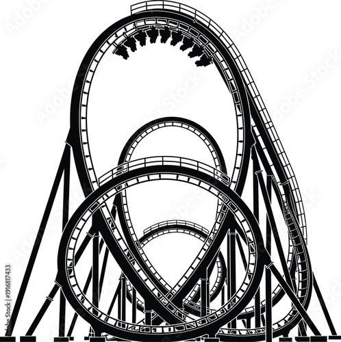 Roller coaster silhouette, amusement park ride, thrilling loops, engineering design, black and white structure, dynamic motion, adventure, entertainment, physics study