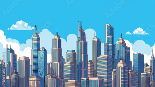 Panoramic view of a modern metropolitan city skyline with numerous glass skyscrapers under a bright blue sky.