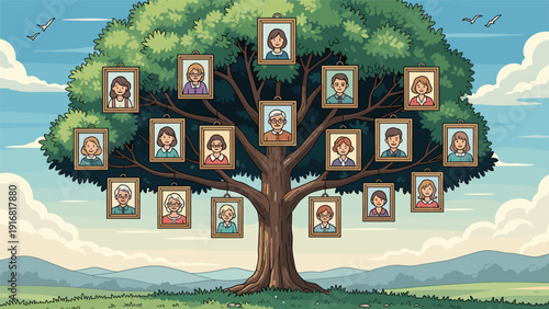 Large tree in a meadow featuring framed family portraits on its branches representing a genealogical lineage.