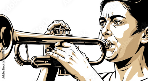Woman playing trumpet with passion and skill.
