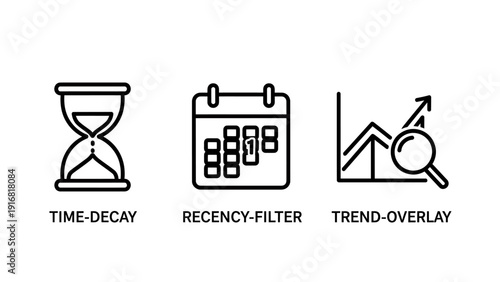 Business analytics icons: time decay hourglass, recency filter calendar, and trend overlay with magnifying glass