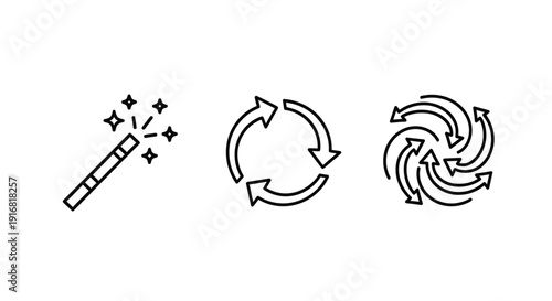 Magic wand, circular arrows, and swirling vortex icons symbolizing transformation and process