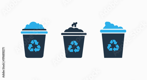 Trash bin icons with recycling symbol and blue lids. Set of vector illustrations for waste management, recycling, and environmental concepts.