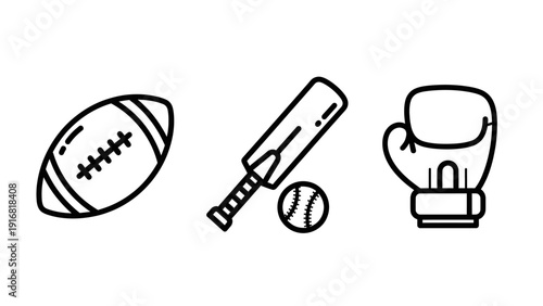 Sports equipment icons: American football, baseball bat and ball, and boxing glove for athletic games and competition