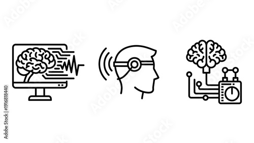 Neuroscience icons: brain on monitor, person with EEG headset, and brain connected to device for research and tech