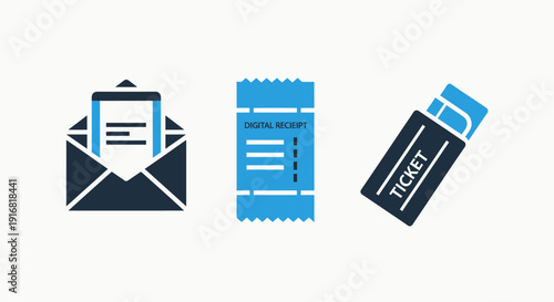 Digital transaction icons: email, digital receipt, and ticket for online commerce, events, and booking