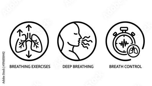 Set of icons representing breathing exercises, deep breathing, and breath control for health and wellness concepts.