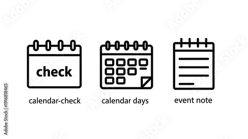 Collection of calendar and notepad icons for planning, scheduling, and event management.