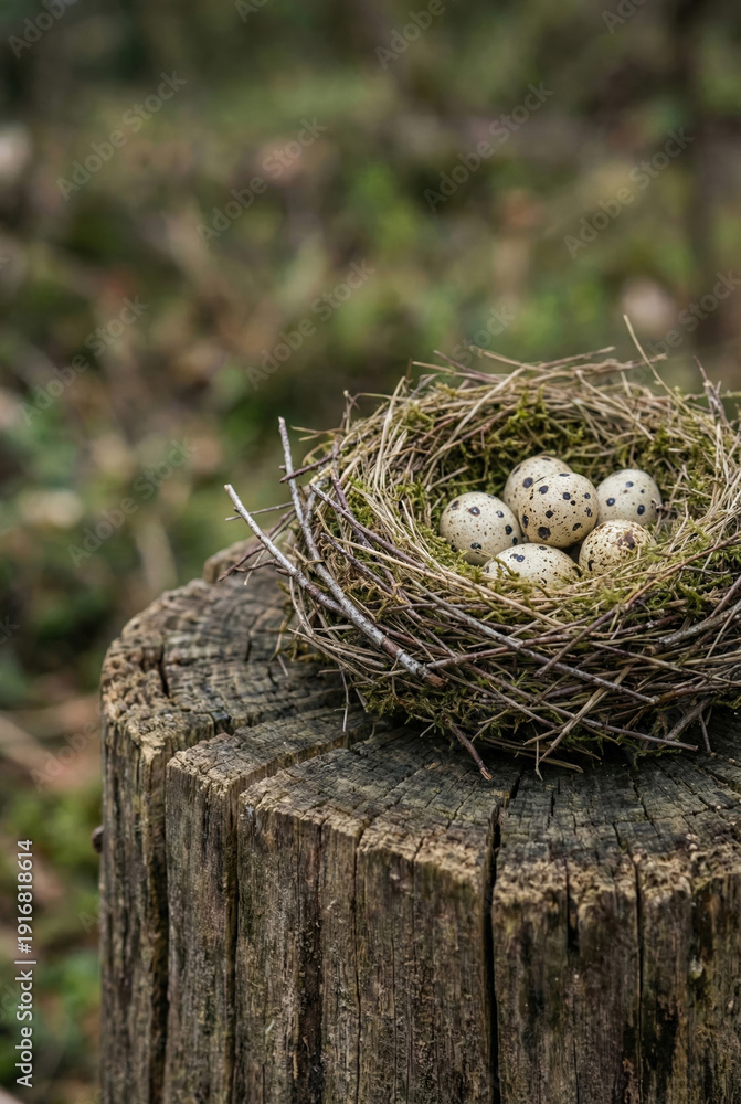 Fototapeta premium A bird's nest made of birch branches, moss and dry grass. There are several quail eggs inside the nest. Ai generated