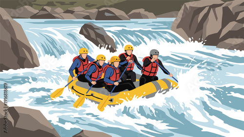 Group of adventurous people in helmets and life jackets navigate a yellow raft through splashing whitewater rapids on a river.