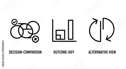 Business Decision Comparison, Outcome Difference Analysis, and Alternative View Options Icons