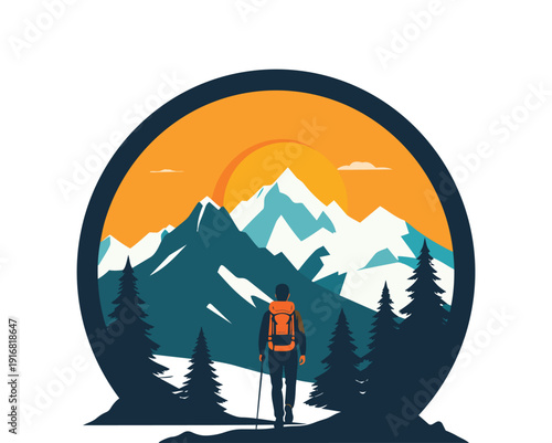 A vector illustration of a couple and their family camping in the snowy forest night near a mountain house under the moon and stars