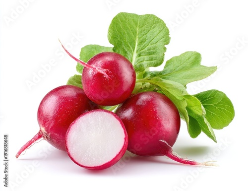 Vibrant red radishes with crisp white interiors and green tops