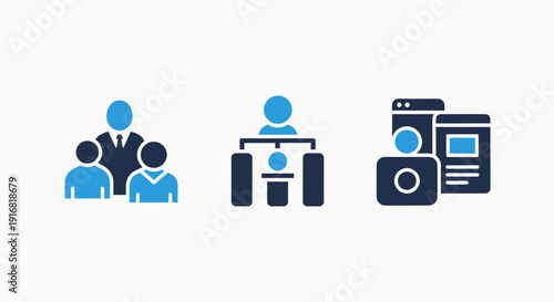 Corporate Team Management, Organizational Structure, and Business Profile Icons in Modern Blue Duotone Style
