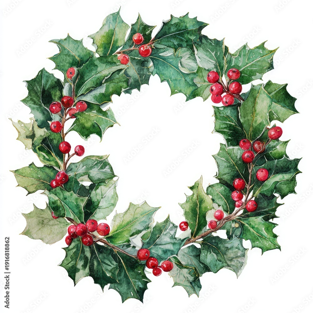 Fototapeta premium Watercolor rendering of a festive holly wreath with green leaves and red berries