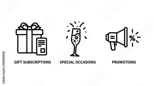 Promotional icons: gift subscription, special occasion champagne, and megaphone for marketing and sales.