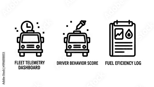 Fleet management icons: Telemetry dashboard, driver behavior score, and fuel efficiency log for logistics and transportation business analytics.
