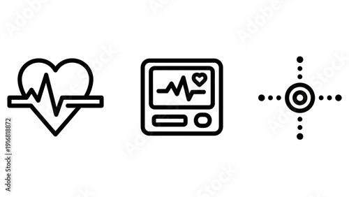 Medical monitoring icons: heart rate, ECG monitor, and abstract vital signs for healthcare and wellness.