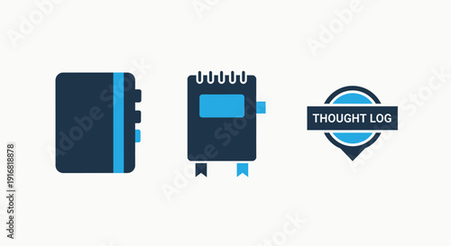 Notebook and thought log icons representing journaling, planning, and personal reflection for self-improvement.