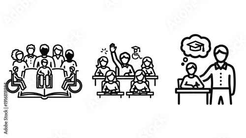 Education and diversity icons: inclusive classroom, student participation, and mentorship for learning and development.