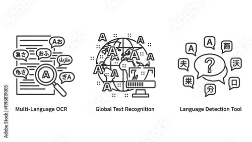 Global Multi-Language OCR and Language Detection Tool Icons for AI-Powered Text Recognition and Digital Document Processing
