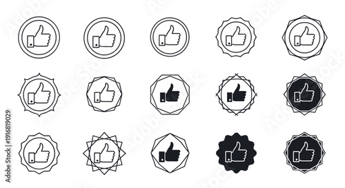 Selection of fifteen different thumbs up icon designs enclosed in various geometric circular and starburst frames on white background.