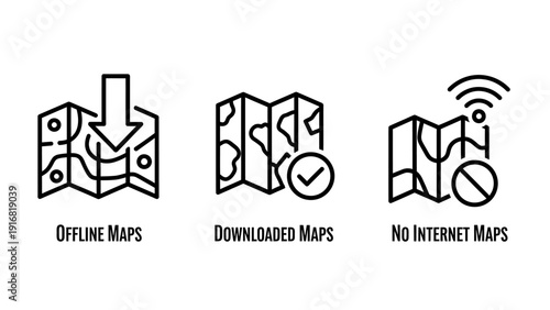 Offline and Downloaded Maps Icons for Internet-Free Navigation, Travel, and Remote Location Exploration