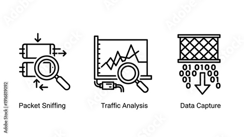Network traffic analysis, packet sniffing, and data capture icons representing cybersecurity and IT operations