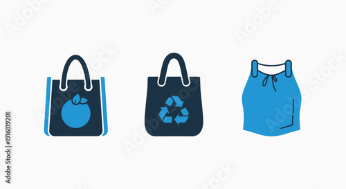 Vibrant blue icons of reusable shopping tote bags with fruit and recycle symbols, alongside a lightweight produce bag, promoting sustainable living and environmental consciousness.