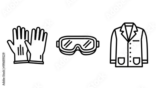 Essential line art icons of personal protective equipment (PPE), including gloves, safety goggles, and a lab coat, for laboratory, medical, and industrial safety concepts.