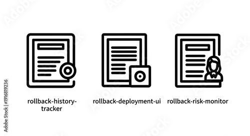 Outline icons illustrating rollback history tracking, deployment user interface, and risk monitoring, essential for software development and IT system management.