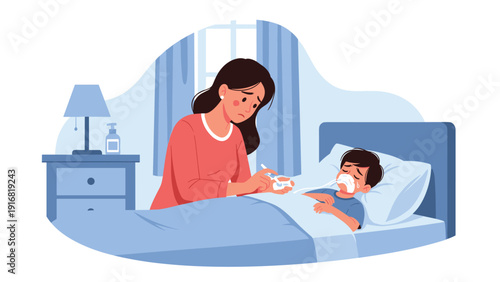 Worried mother sits beside the bed of her sick young son who is resting with a thermometer and medicine nearby at night.