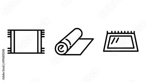 Minimalist line art icons showcasing a flat rug, a rolled carpet, and a welcome mat, suitable for interior design and home furnishing concepts.